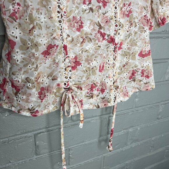 Lulumari Floral Eyelet Corset Style Puff Sleeve Chiffon Semi Sheer Blouse Med - Picture 8 of 12